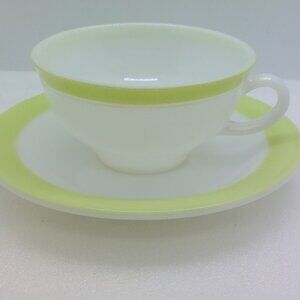 Vintage Pyrex Tea Cup & Saucer White With Light Green Trim